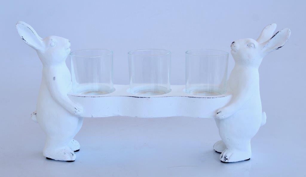 2 WHITE BUNNYS 3 GLASS TEA LIGHT HOLDER  23X42X10CM